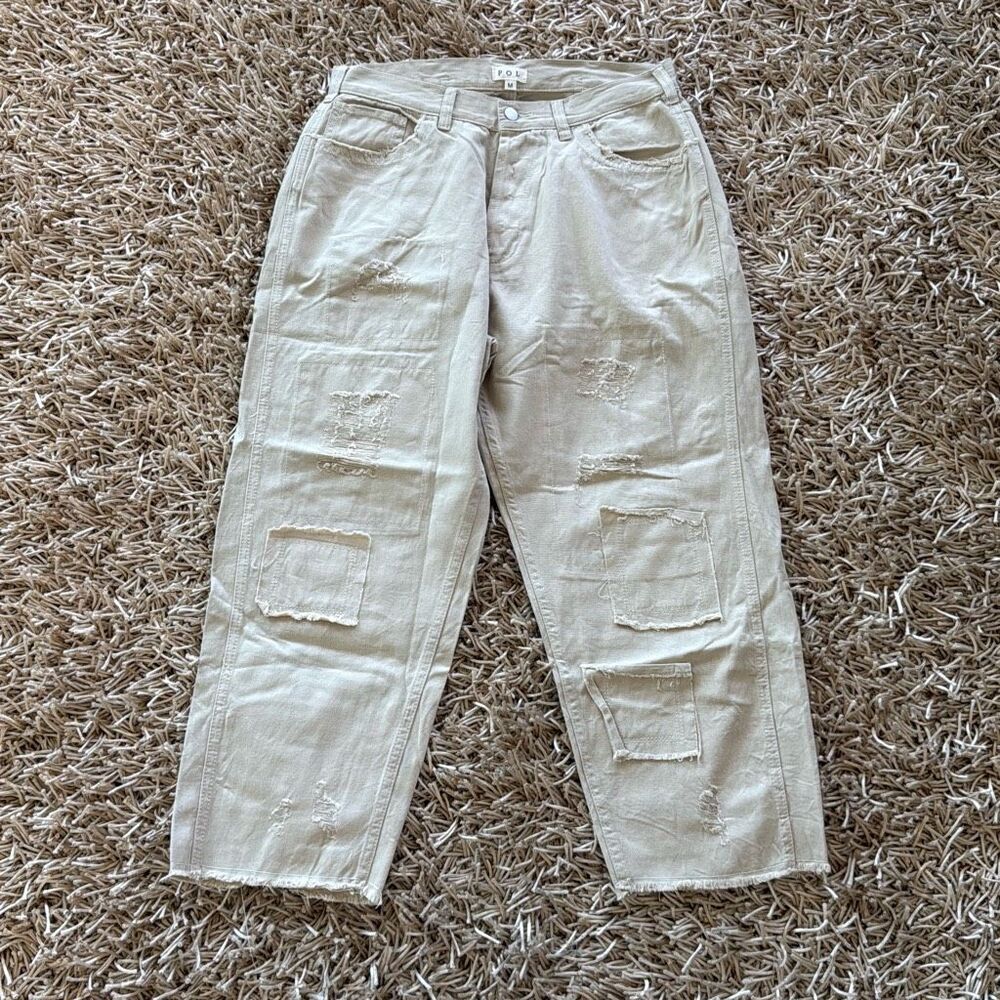 Pol Distressed Cropped Patchwork Details Raw Hem … - image 7